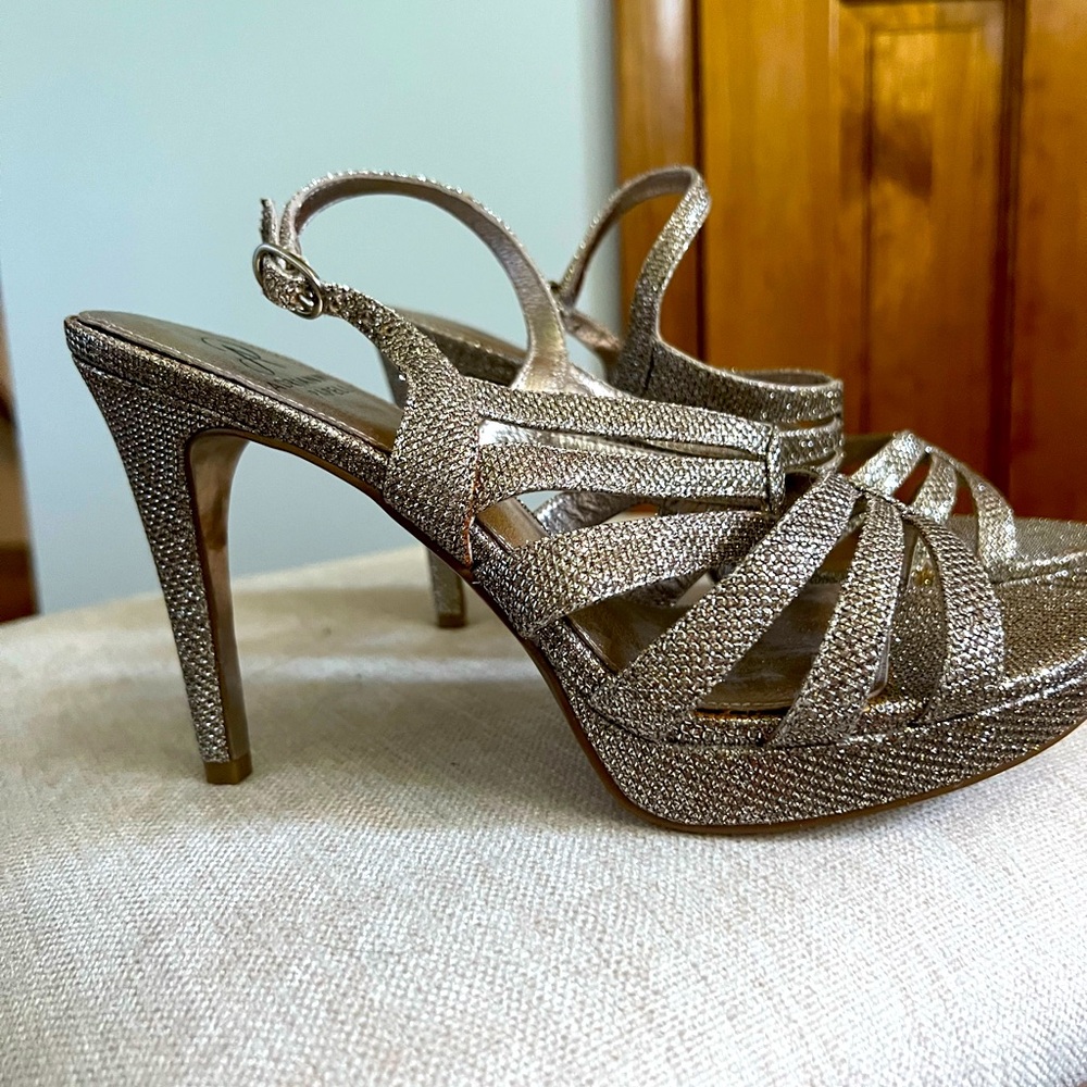 Adriana Papell | Champagne Gold Leather Platform Stiletto Glam Evening Heels 8.5
